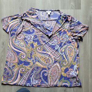 Jackie Smith Collection Womens Paisley Print V-Neck Short Sleeve Top 2X Polyeste